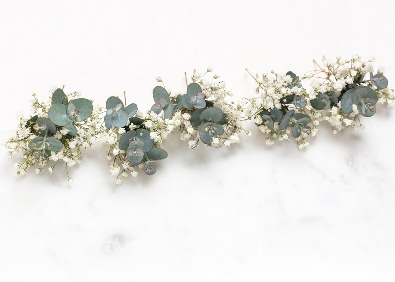 wedding hair pins, hair clips, Gypsophila hair pin, Eucalyptus, white baby's breath bridal hair pin, dried flowers, rustic hair pin, image 1