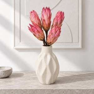 Pode incluir: Um vaso de cerâmica na cor creme com uma superfície texturizada, geométrica e canelada com acabamento salpicado. O vaso contém cinco flores de protea rosa vibrantes com pétalas pontiagudas e em camadas e caules castanhos escuros.