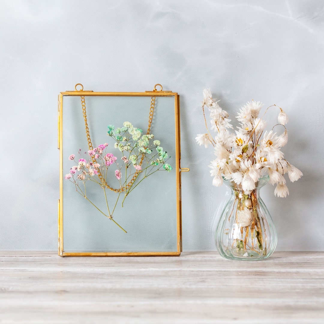 Cadre Flottant En Verre Et Laiton Pour Fleurs Pressées - Suspension Chaîne - Décoration Murale Vintage - Rectangle