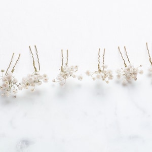 May include: Set of six gold hair pins with small white dried flower clusters attached to the ends.