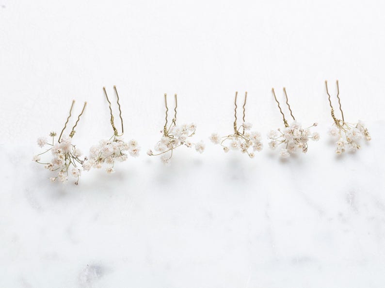 May include: Set of six gold hair pins with small white dried flower clusters attached to the ends.