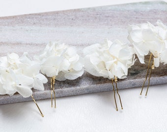 Hochzeit Haarschmuck weiße Hortensie Haarkuchennadel Braut Haarnadel getrocknete Blumen Waldhochzeiten rustikale Haarnadel