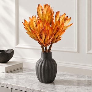 Könnte beinhalten: Ein Strauß aus getrockneten orangefarbenen Protea-Blüten mit spitzen, geschichteten Blütenblättern in einer dunkelgrauen, vertikal gerippten Keramikvase. Die Blüten zeigen tiefe Bernstein- und Goldtöne mit holzigen Stielen im Vasenhals.