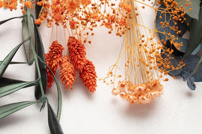 May include: Close-up of dried orange and yellow flowers and foliage against a white background. The arrangement includes spiky orange blooms, delicate yellow clusters, and green and blue-green leaves, creating a natural, textured display.