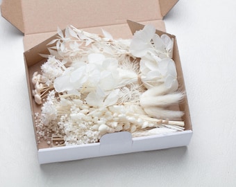 Set di fiori bianchi secchi naturali, piccolo mix fai da te, set fai da te, per artigianato, fioriera, fai da te blu per matrimoni, decorazioni floreali, lagurus, progetti creativi