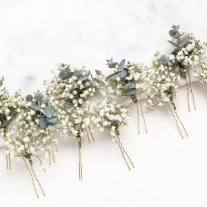 alfileres de pelo de boda, clips para el cabello, pasador de pelo Gypsophila, eucalipto, pasador de pelo nupcial de aliento de bebé blanco, flores secas, pasador de pelo rústico, imagen 5