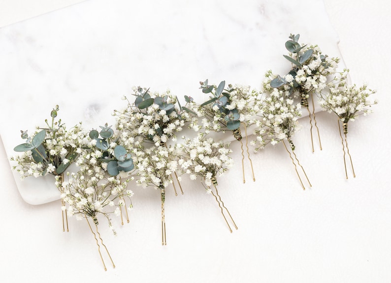 wedding hair pins, hair clips, Gypsophila hair pin, Eucalyptus, white baby's breath bridal hair pin, dried flowers, rustic hair pin, zdjęcie 5