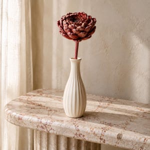 Könnte beinhalten: Eine einzelne getrocknete, dunkelrote Blume mit geschichteten, schuppenartigen Blütenblättern sitzt auf einem schlanken Stiel in einer cremefarbenen, vertikal gerippten Keramikvase. Die Vase hat einen schmalen Hals und einen runden Körper.