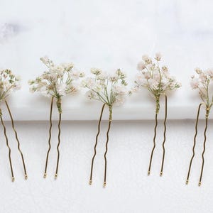 Puede incluir: Juego de seis horquillas doradas con flores de aliento de bebé blancas unidas.