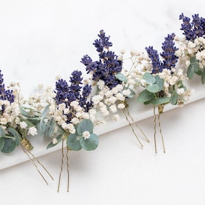 wedding hair pins with lavander, Gypsophila hair pin, Eucalyptus, lavender, baby&#39;s breath bridal hair pin, dried flowers, rustic hair pin,