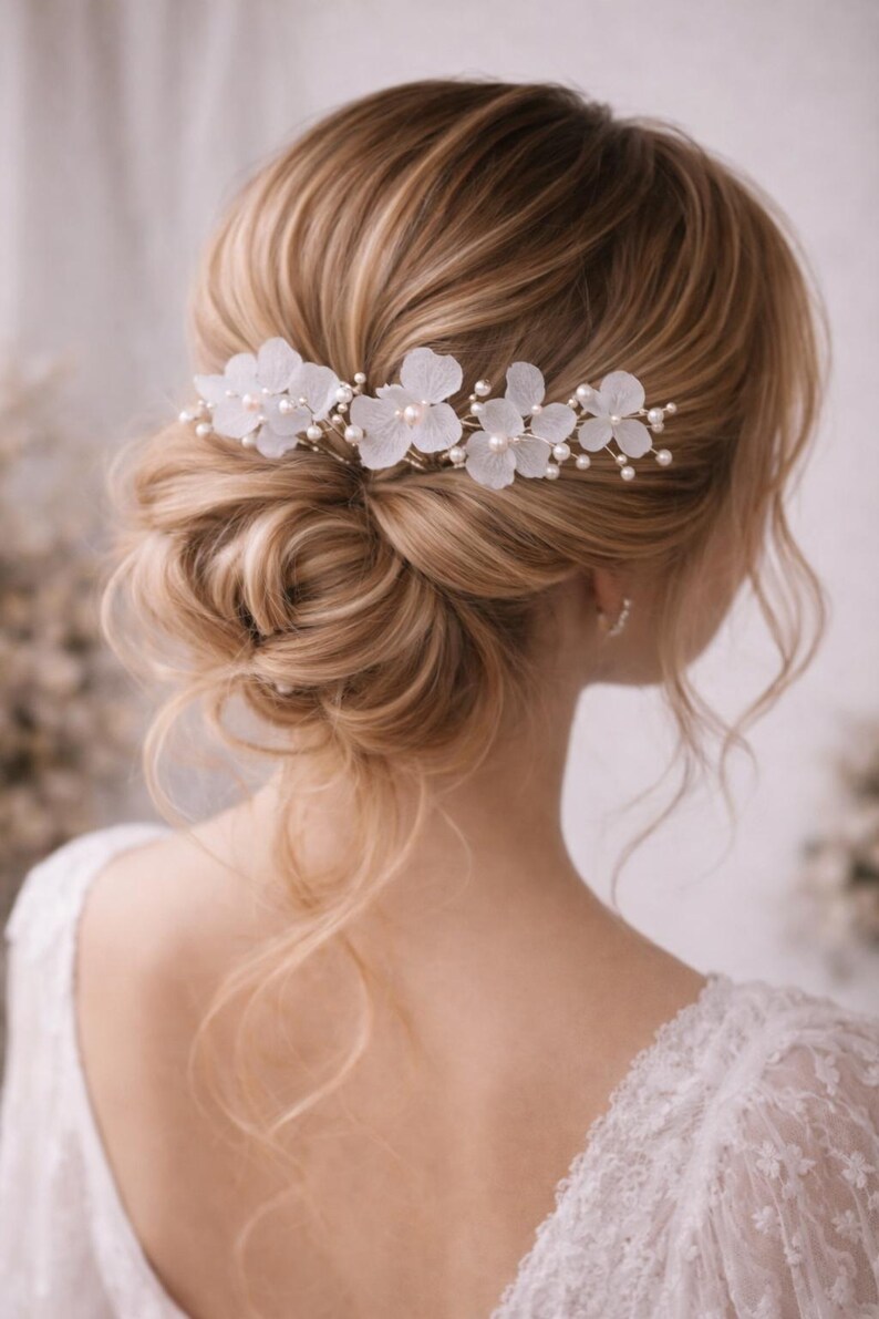 Hochzeit Haarschmuck Süßwasserperlen weiße Hortensie Haarnadel Braut Haarschmuck Trockenblumen Wald Hochzeiten rustikale Haarnadel image 2