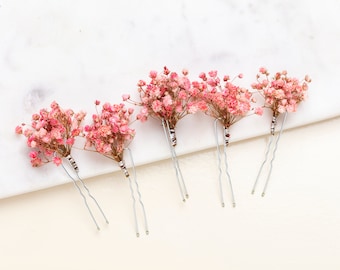 wedding hair pins, hair clips, Gypsophila hair pin, boho pink baby's breath bridal hair pin, dried flowers, rustic hair pin,