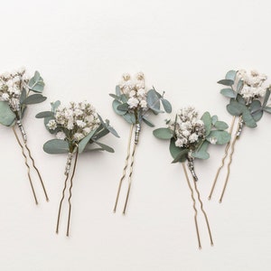 wedding hair pins, hair clips, Gypsophila hair pin, Eucalyptus, white baby's breath bridal hair pin, dried flowers, rustic hair pin, image 3