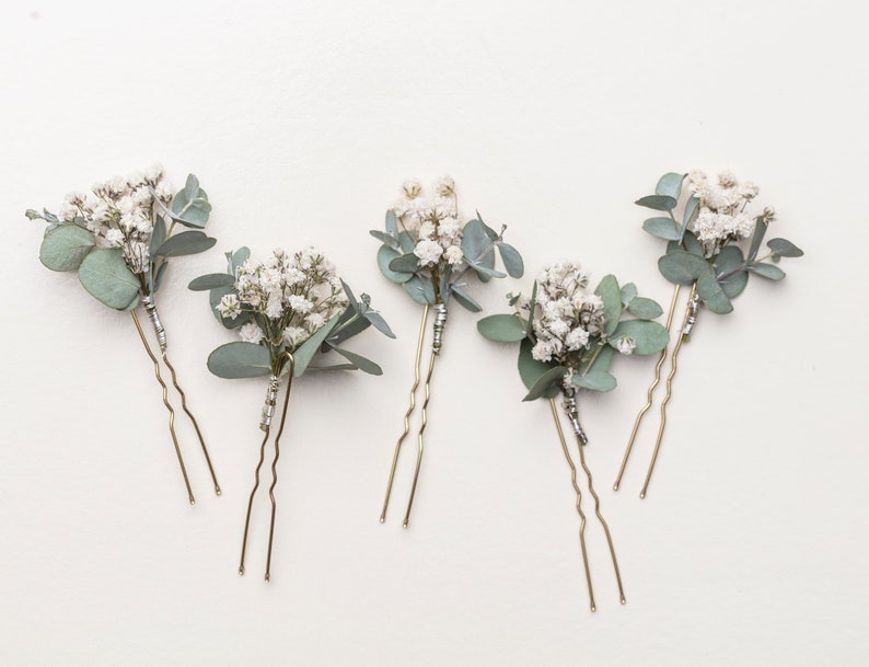 wedding hair pins, hair clips, Gypsophila hair pin, Eucalyptus, white baby's breath bridal hair pin, dried flowers, rustic hair pin, image 3