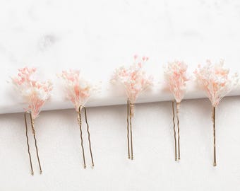 Horquillas para el pelo de boda de color rosa, tocado de boda, horquilla para el pelo con flores secas, horquillas florales, horquilla rústica para el pelo.