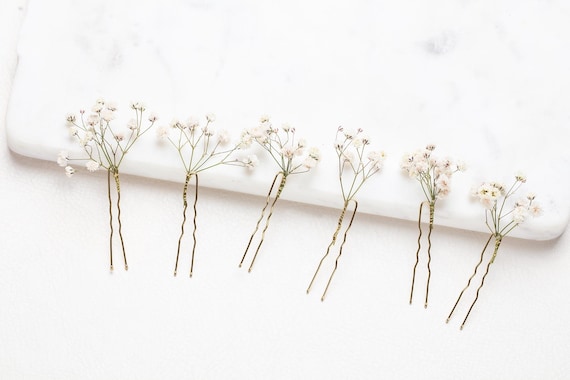 White Preserved Baby's Breath Hair Pins, Wedding Hair Clips, Gypsophila hair pin, Bridal Hair Pin, Preserved Flowers, Set of 6