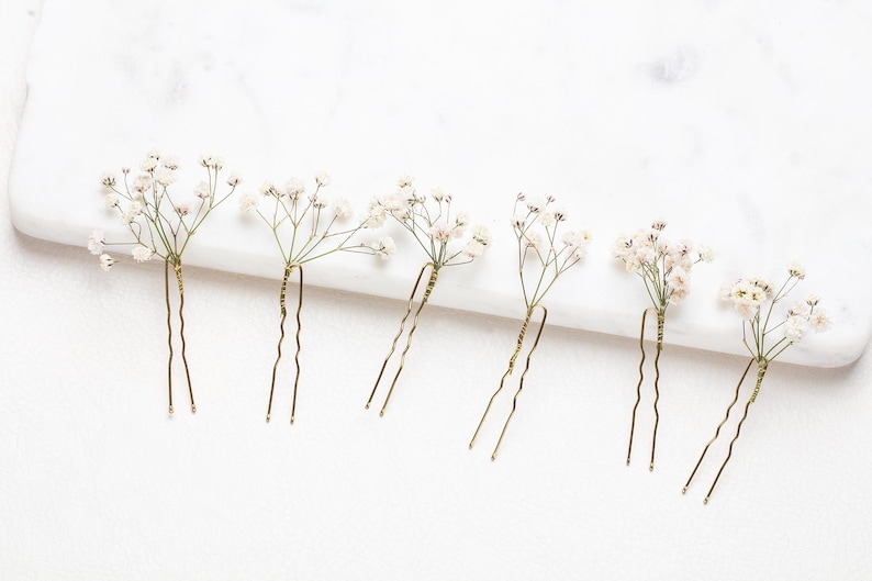 May include: Six gold hair pins with small white dried flowers attached to the top.
