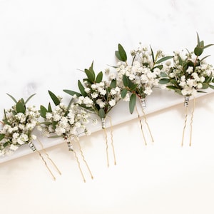 wedding hair pins, hair clips, Gypsophila hair pin, Eucalyptus, white baby's breath bridal hair pin, preserved flowers, rustic hair pin,