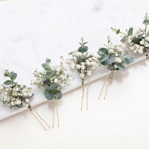 wedding hair pins, hair clips, Gypsophila hair pin, Eucalyptus, white baby's breath bridal hair pin, dried flowers, rustic hair pin,