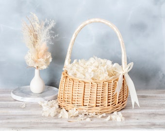 wedding basket with white Hydrangea, Wicker basket for children,  flower basket, flower girl, Decorated Basket,