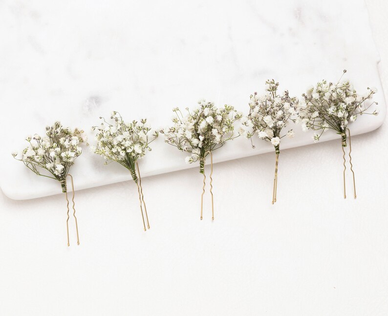 Hochzeit Haarnadeln, Haarspangen, Gypsophila Haarnadel, weiße Schleierkraut Braut Haarnadel, getrocknete Blumen, Waldhochzeiten, rustikale Haarnadel, Bild 1