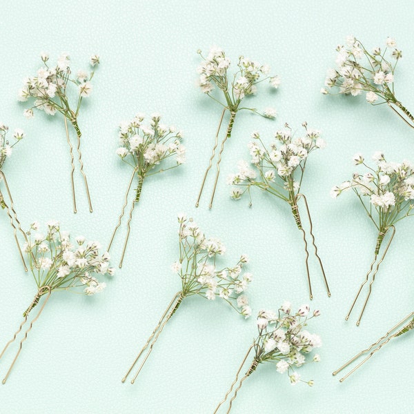 Épingles à cheveux de mariage, pinces à cheveux, épingle à cheveux gypsophile, épingle à cheveux de mariée blanche gypsophile, fleurs séchées, mariages dans les bois, épingle à cheveux rustique,