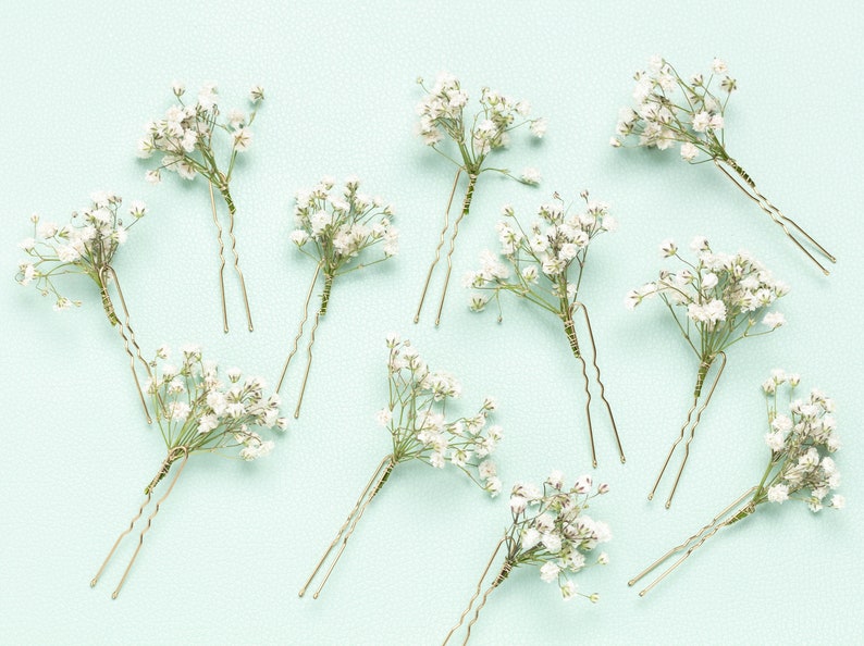 alfileres de pelo de boda, clips para el cabello, pasador de pelo Gypsophila, pasador de pelo nupcial de aliento de bebé blanco, flores secas, bodas en el bosque, pasador de pelo rústico, imagen 1