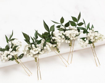 wedding hair pins, hair clips, ruscus with white baby's breath bridal hair pin, dried flowers, rustic hair pin,