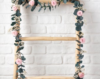 Guirnalda de boda, guirnalda de eucalipto, eucalipto conservado, guirnalda de rosas rosadas rústicas, telón de fondo, decoración de despedida de soltera, decoración de boda boho