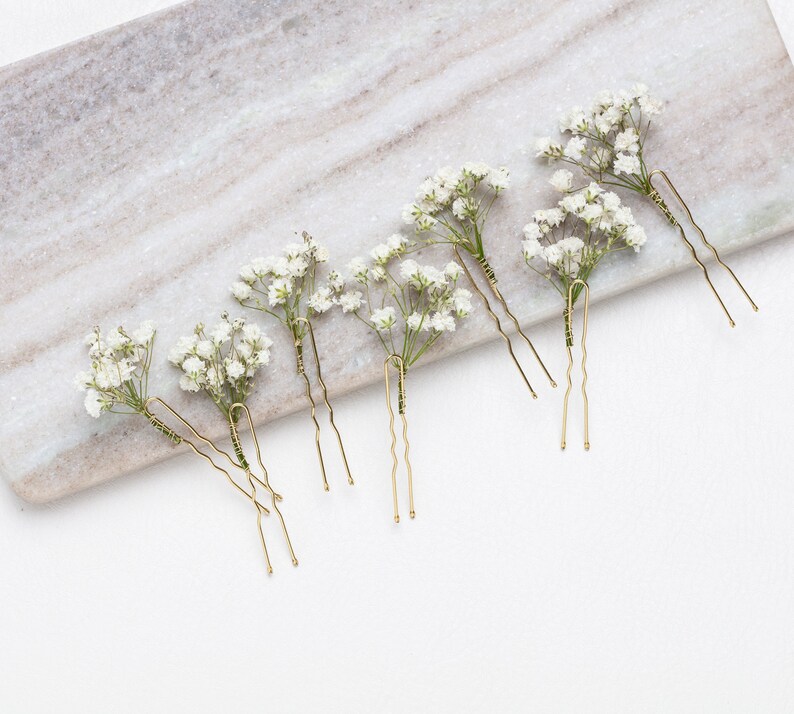 Hochzeit Haarnadeln, Haarspangen, Gypsophila Haarnadel, weiße Schleierkraut Braut Haarnadel, getrocknete Blumen, Waldhochzeiten, rustikale Haarnadel, Bild 4