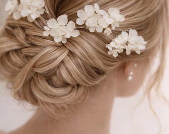 Weiße Hortensie Braut Haarnadeln, konservierte Blume, Hochzeit Haarschmuck, Getrocknete Blumen Haarteil, Braut Haarnadeln