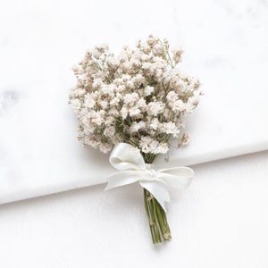 Op de afbeelding: Een klein boeket witte gipskruidbloemen, vastgebonden met een wit satijnen lint. De stelen zijn groen en de bloemen zijn gegroepeerd. Het boeket staat tegen een witte marmeren achtergrond.