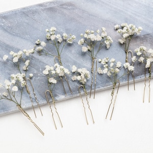 Épingles à cheveux de mariage, pinces à cheveux, épingle à cheveux gypsophile, épingle à cheveux de mariée blanche gypsophile, fleurs séchées, mariages dans les bois, épingle à cheveux rustique, image 1