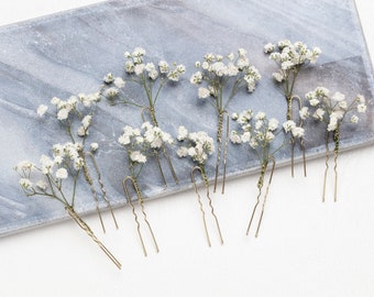 Baby Breath hair pins, Wedding Set hair clips, Gypsophila hair pin, white baby&#39;s breath bridal hair pin, dried flowers, rustic hair pin,