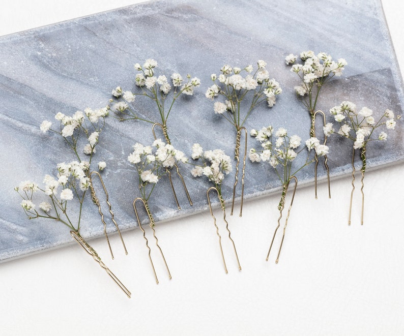 Épingles à cheveux de mariage, pinces à cheveux, épingle à cheveux gypsophile, épingle à cheveux de mariée blanche gypsophile, fleurs séchées, mariages dans les bois, épingle à cheveux rustique, image 1