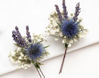 Épingles à cheveux de mariage, pinces à cheveux en eryngium, épingle à cheveux, épingle à cheveux de mariée, fleurs séchées des bois, épingle à cheveux rustique de mariage