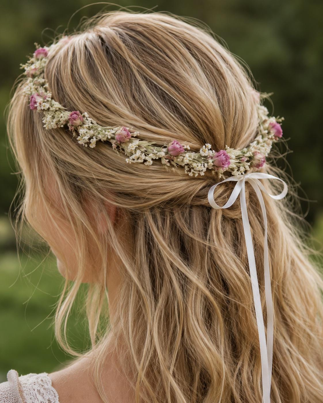 Haarkranz aus rosa Rosen, Trockenblumenkrone mit Schleierkraut, Boho-Hochzeitstiara, rustikales Haaraccessoire für Frühling und Sommer, handgefertigt