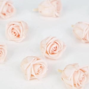 Op de afbeelding: Een verzameling lichtroze kunstmatige rozen verspreid over een witte ondergrond. De rozen staan in volle bloei, met delicate bloemblaadjes en een zachte, natuurlijke uitstraling. Ideaal voor knutselen, bruiloften of woondecoratie.
