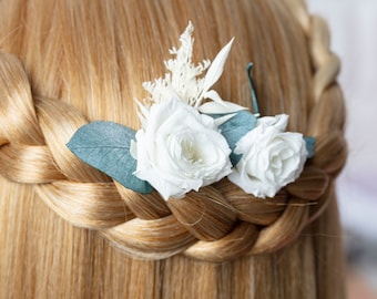 Hochzeit Haarnadeln, Haarspangen, weiße Rose Haarnadel, Eukalyptus, weiße Rose Braut Haarnadel, getrocknete Blumen, rustikale Haarnadel,