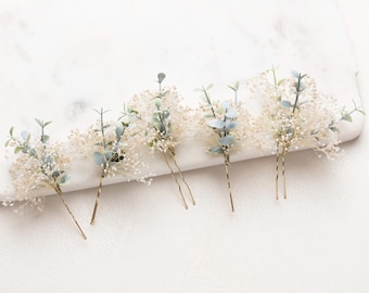 wedding hair pins, hair clips, Gypsophila hair pin, Artificial Eucalyptus, white baby's breath bridal hair pin, dried flowers,