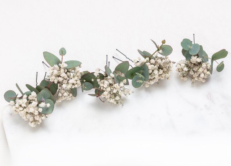 wedding hair pins, hair clips, Gypsophila hair pin, Eucalyptus, white baby's breath bridal hair pin, dried flowers, rustic hair pin, image 2