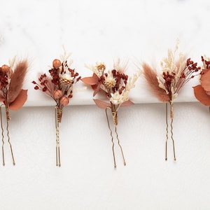 Boho hårspännen för bröllop, rustika konserverade blommor, hösthårspännen för brud, set om 5