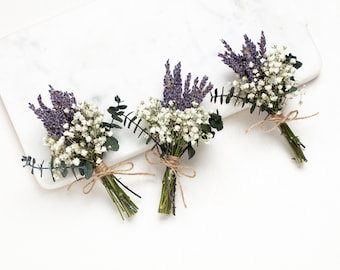 Boutonnière de mariage lavande, plantes naturelles et véritables, mini bouquet de fleurs séchées de mariage. Accessoires de mariage, boutonnières florales,