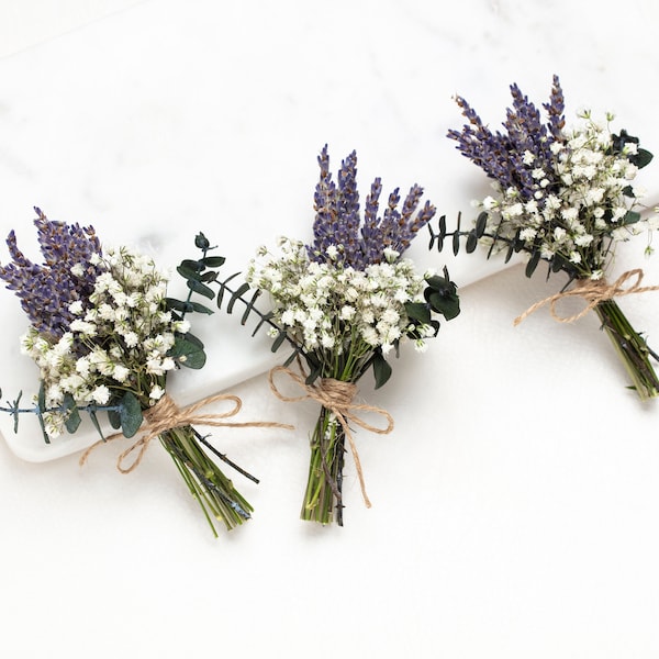 Lavendel-Hochzeits-Knopfloch, natürliche und echte Pflanzen, Hochzeits-Mini-Trockenblumenstrauß. Hochzeitsaccessoires, Blumen-Boutonnieres,