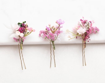 Horquillas pequeñas de flores secas, pinzas para el pelo de boda, horquillas para el pelo, horquilla de novia rosa, flores preservadas, horquilla rústica