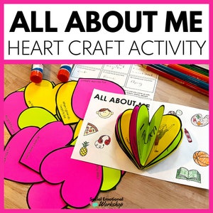 May include: A printable "All About Me" heart craft activity for kids. The craft includes a pop-up heart with a blank space to write a name and several heart-shaped templates with prompts like "My 10 Favorite Things", "My Goal This Year", and "When I Grow Up, I Want to Be".