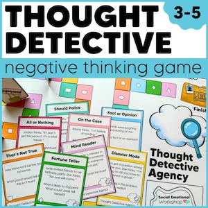 May include: A colorful educational game titled "Thought Detective" for ages 3-5. The game includes cards with scenarios and a game board. The text on the cards includes phrases like "Fact or Opinion" and "Disaster Mode".