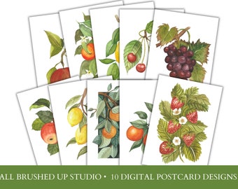 10 Postkarten Aquarell, A6 Postkarte Frühling, Blumen Obst Pflanzen Illustrationen, süße Karten, Botanische Illustrationen, instant download