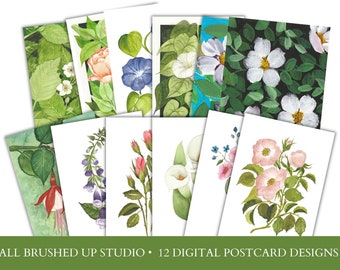 12 Postkarten Aquarell, A6 Postkarte Frühling, Blumen Pflanzen Illustrationen, süße Karten, Botanische Illustrationen, instant download