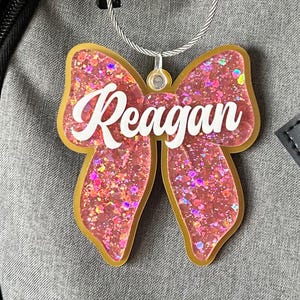 Personalized Bow Bag Tag For Dance, Cheer, Diaper Bags, Backpack, Lunch Box, Bow Ornament